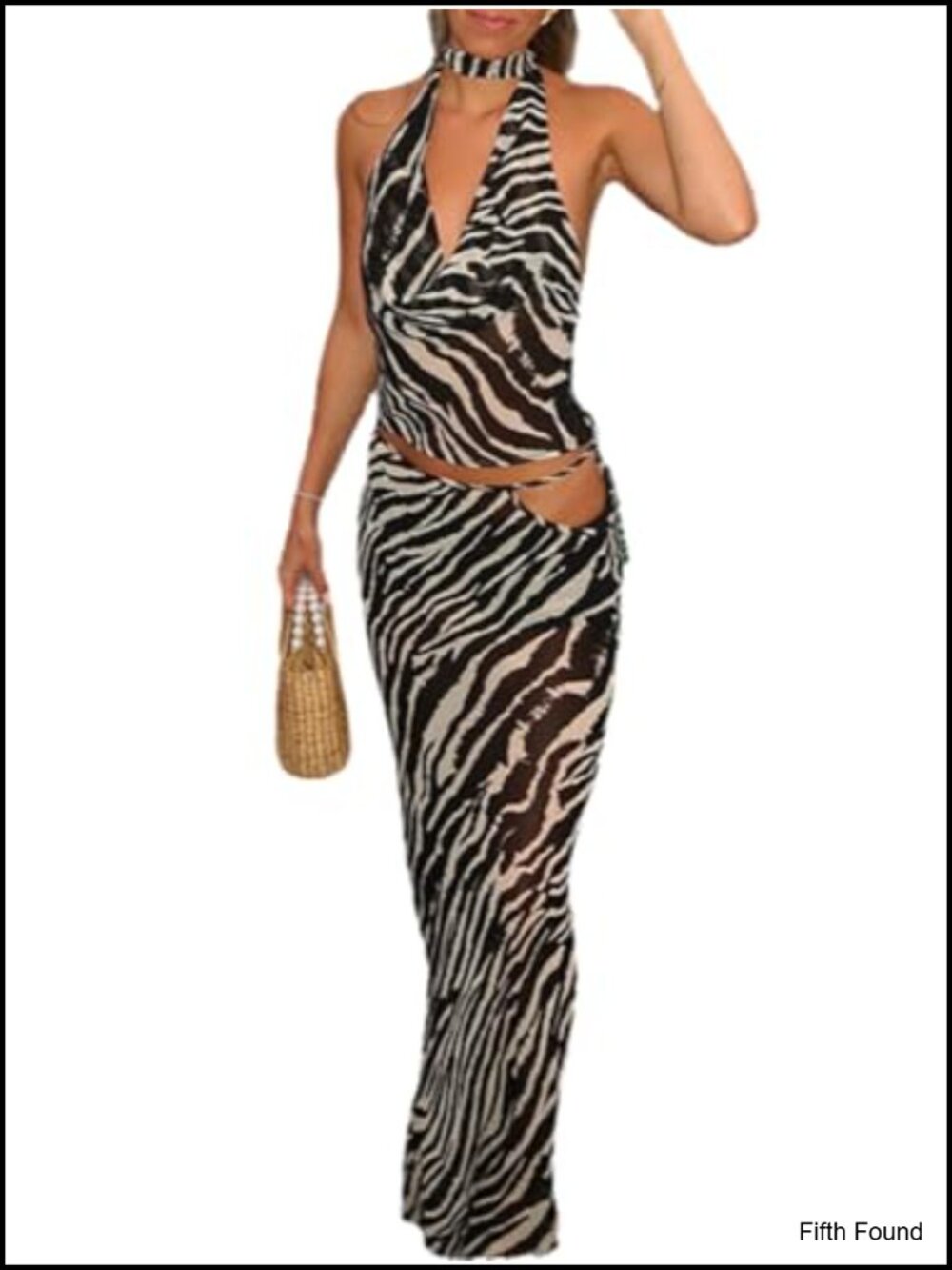 2 Piece Zebra Print Halter Top and Maxi Skirt Set